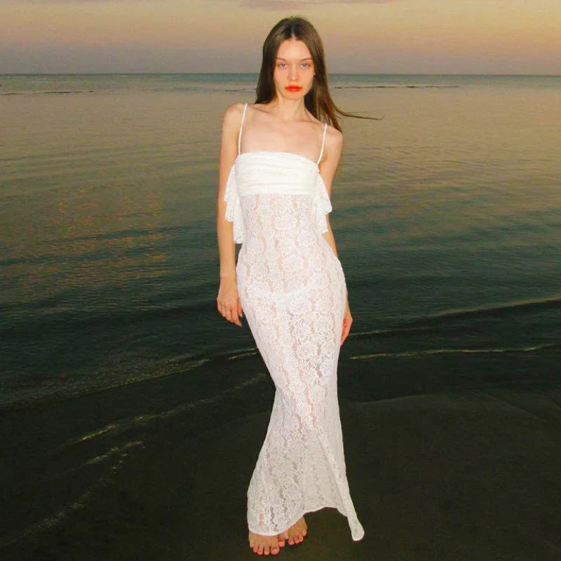 White Mermaid Spaghetti Straps Lace Long Prom Dress Evening Dress SH1912