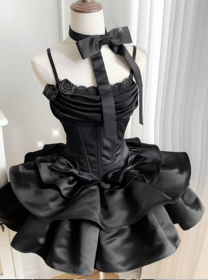 Elegant Black Spaghetti Straps Layered Short Birthday Party Dress 8th Grade Homecoming Dress S652