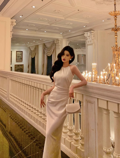 Sexy Mermaid Halter White Satin 18th Birthday Dress Ankle Length Party Birthday Outfits For Women DP0162