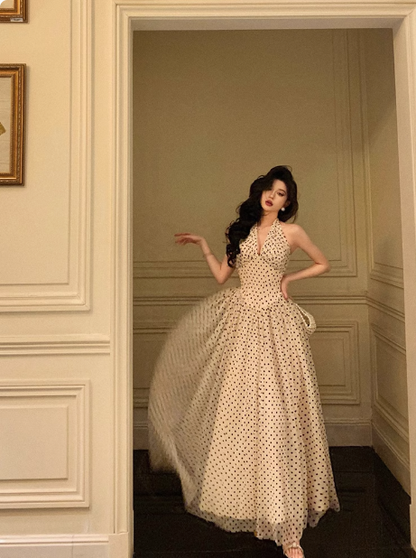 Sexy A line Halter Polka Dot Halter Neck 18th Birthday Dress Long Party Birthday Outfits For Women DP0160