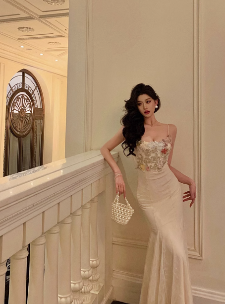 Sexy Mermaid Spaghetti Straps White Floral 18th Birthday Dress Long Party Birthday Outfits For Women DP0159