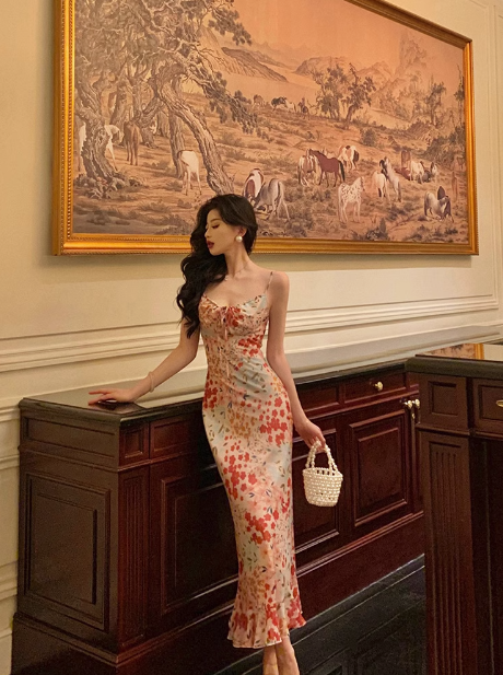 Sexy Mermaid Spaghetti Straps Floral Pink 18th Birthday Dress Holiday Party Birthday Outfits For Women DP0161