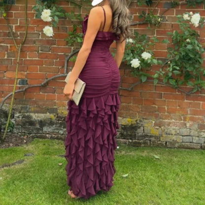 Purple Elegant Sexy Spaghetti Strap Ankle Length Chiffon Ruffle prom Evening Dress Party Dress gh3320