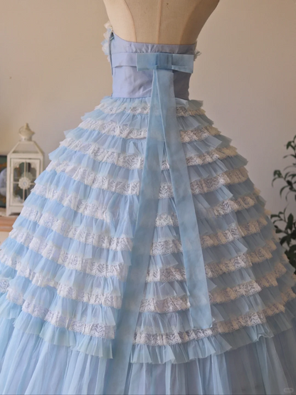 Vintage Blue Ball Gown Sweetheart Neck Layered Lace Tulle Prom Dress 16th Birthday Dress SH3862