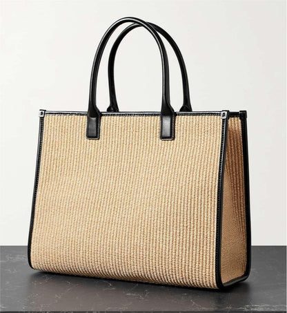 VERSACE Medusa leather-trimmed embellished raffia tote