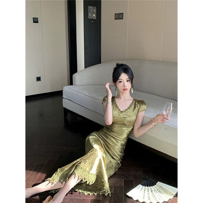 Sexy Mermaid V Neckline Short Sleeves Lace Green Floor Length Evening Dress Prom Dresses SD1604