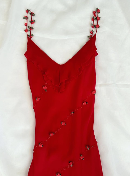 Vintage Burgundy Floral Beaded Ruffles Chiffon Prom Dress Evening Party Gowns SH3536