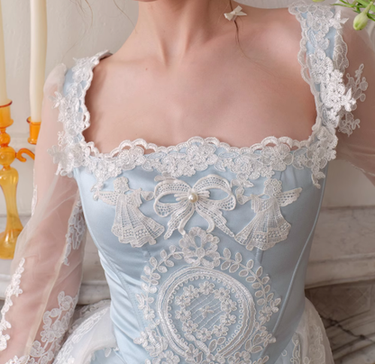 Gentle Baby Blue Satin White Lace Long Sleeve Prom Dress Party Dress Birthday Dress SH3754