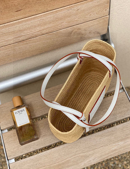 Loewe Small Square Basket Bag In Raffia And Calfskin NaturalWhite