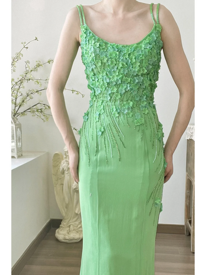 Exquisite Green Sheath Spaghetti Strap 3D Floral Beaded Chiffon Long Prom Dress Formal Dress SH3868