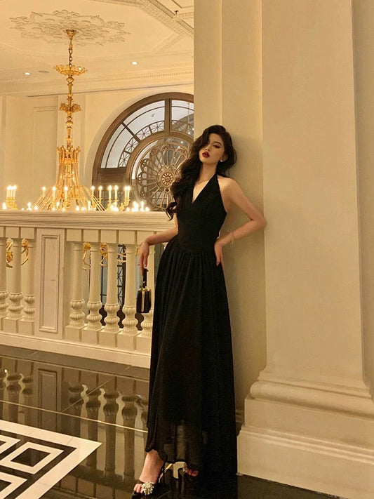 Sexy A Line Halter Black Sleeveless Prom Dresses Party Dress Summer Birthday Outfits 18th Birthday Dresses W819