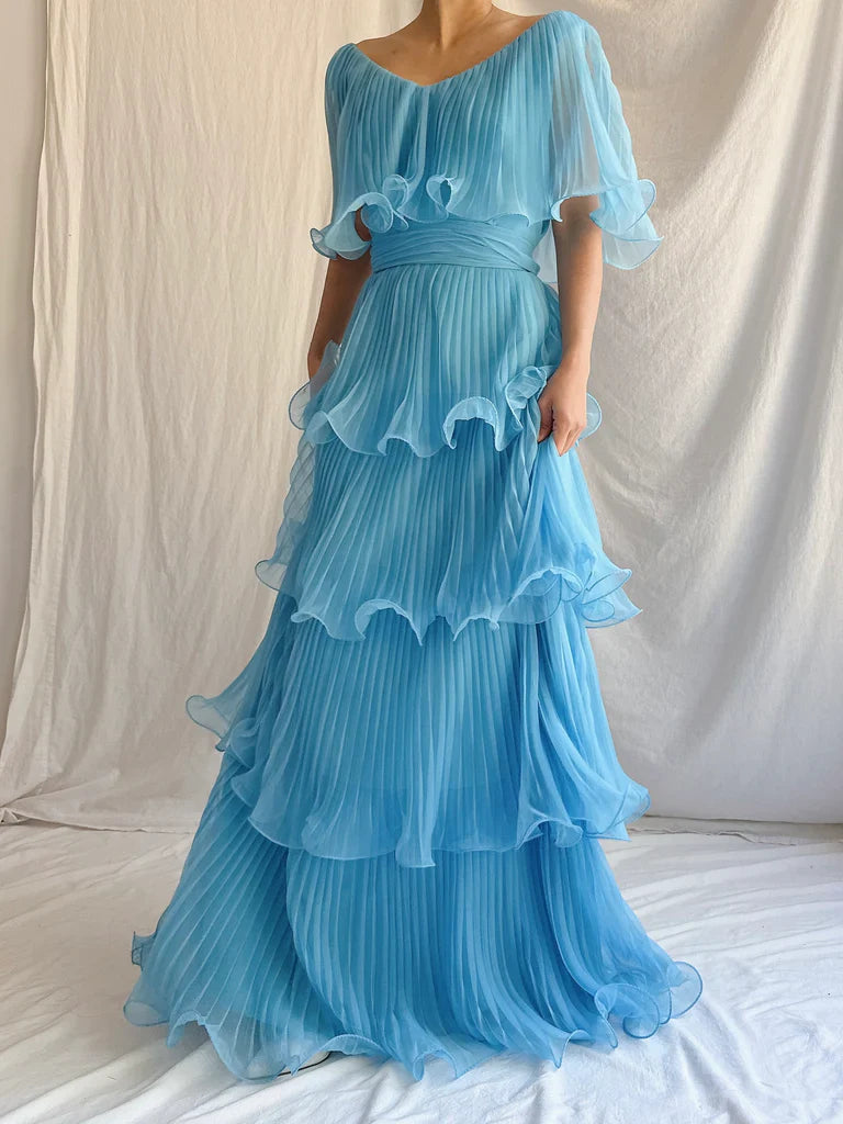 Blue Layered Chiffon A Line V Neck Simple Long Party Dress Evening Dress 18 Birthday Dress SH3625
