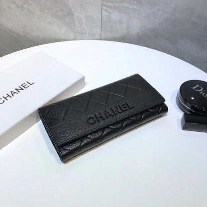 CHANEL Premium Leather Trendy Long Wallet Black 19x10cm