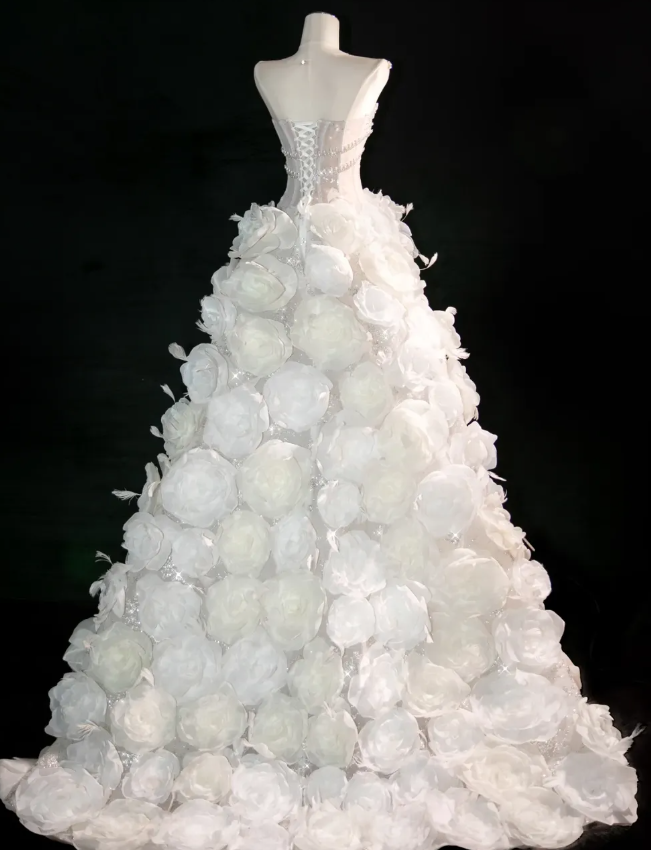 White Flower Exquisite Mermaid Rhinestone Tulle Strapless Prom Dress Evening Dress Party Dress SH3612