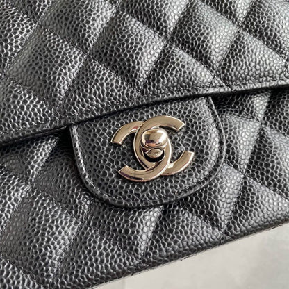 CHANEL CLASSIC HANDBAG Grained Calfskin & Silver Metal