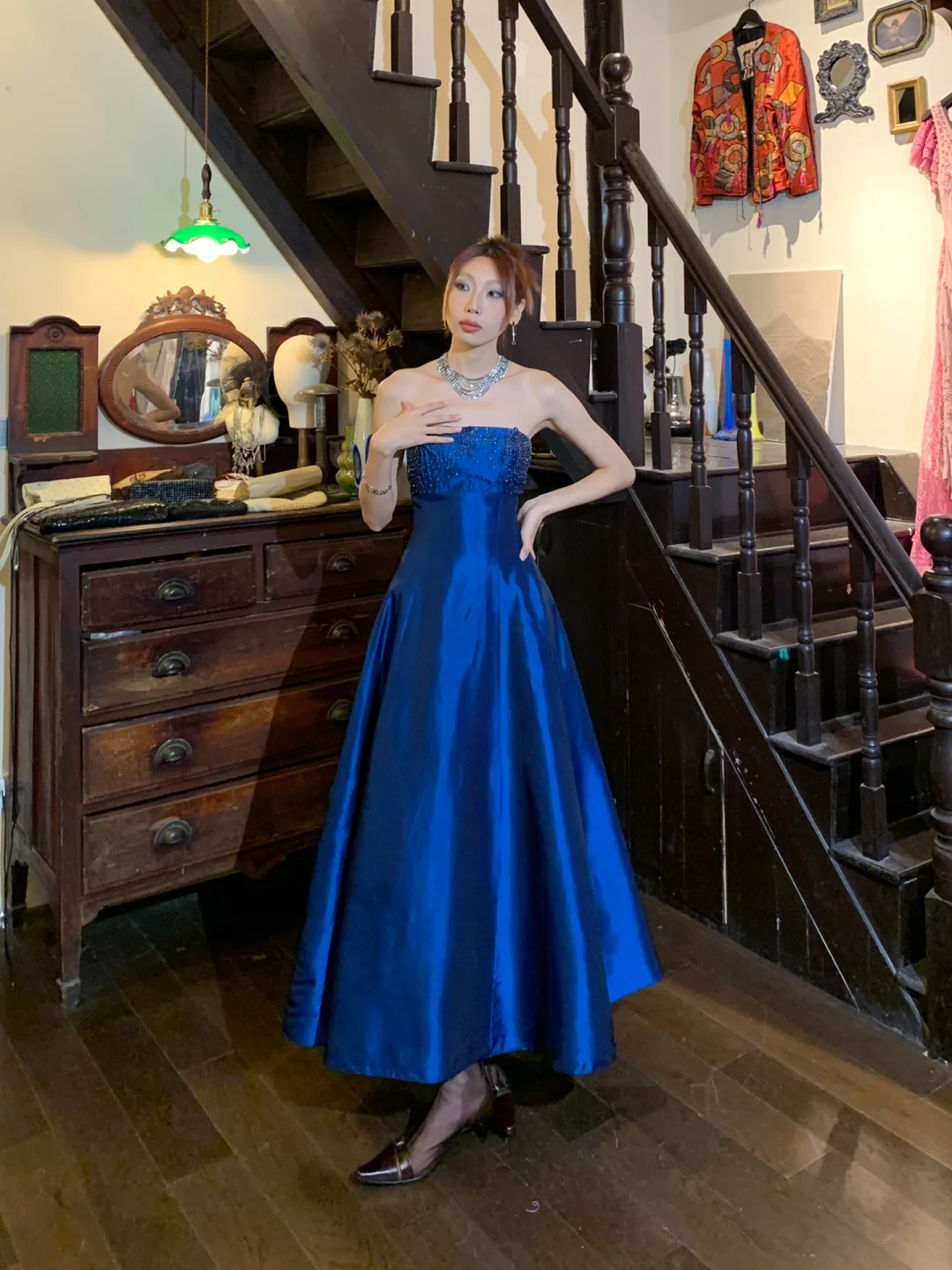 Vintage A Line Strapless Beaded Dark Blue Satin Prom Dress Evening Dress SH3081