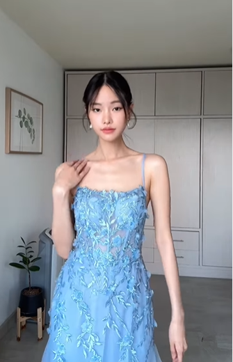 Classy Blue Tulle Appliques Mermaid Evening Dress Long Open Back