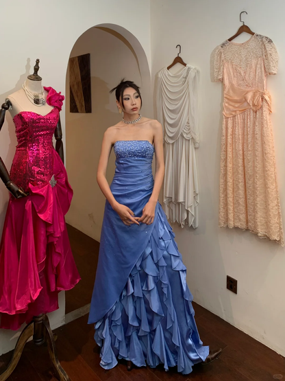 Vintage A Line Strapless Beaded Sequin Ruffle Blue Satin Long Prom Dress Party Dress SH3035