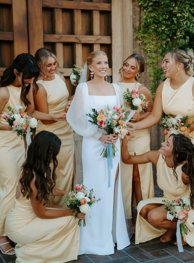 Backless A Line Round Neck Light Yellow Satin Long Bridesmaid Dress Evening Dress with Slit SH3274