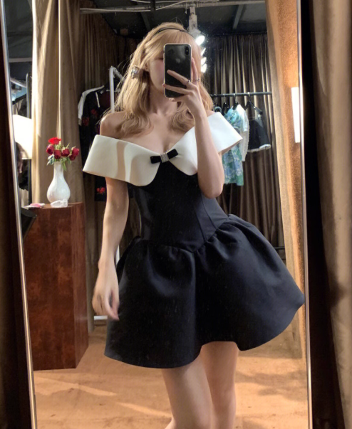 Stunning A Line Off the Shoulder White Black Satin Short Homecoming Dress Birthday Dress SH3026