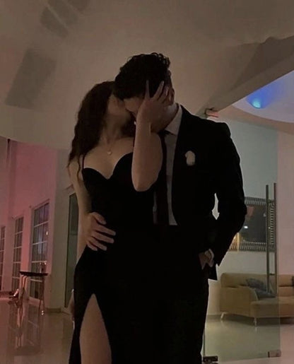 Sexy Mermaid Spaghetti Straps Black Slit Prom Dresses Long Party Dress SD2244