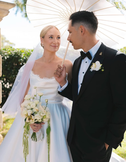 Simple Ball Gown Strapless White Lace Satin Long Wedding Dress SH2044