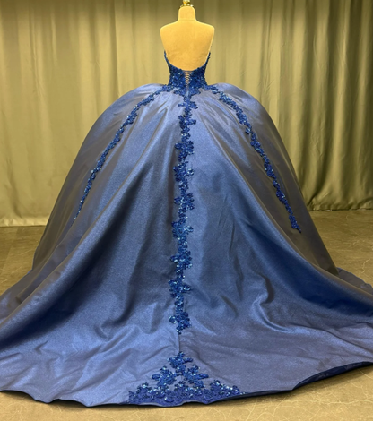 Pretty Ball Gown Sweetheart Neck Sequin Appliques Dark Blue Satin Sweet 16 Dress, Quinceanera Dress SH3039