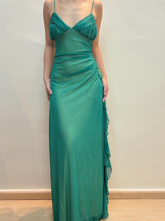 Vintage A Line Spaghetti Strap Rhinestone Green Chiffon Prom Dress Evening Dress SH2204