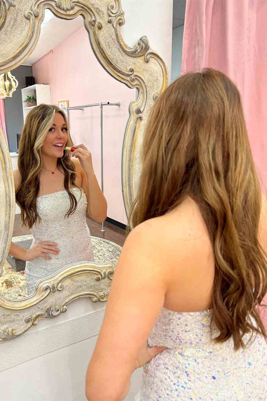 Strapless Pink Sequins Prom Dress with Slit,Sparkly White Night Dresses Party Event