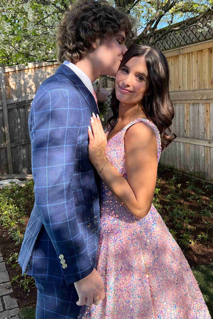 Glitter V-Neck White A-Line Prom Dress with Pockets,Pink Graduation Dresses