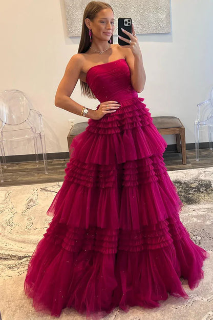 Fuchsia Strapless Tulle Multi-Layers Long Evening Prom Dress