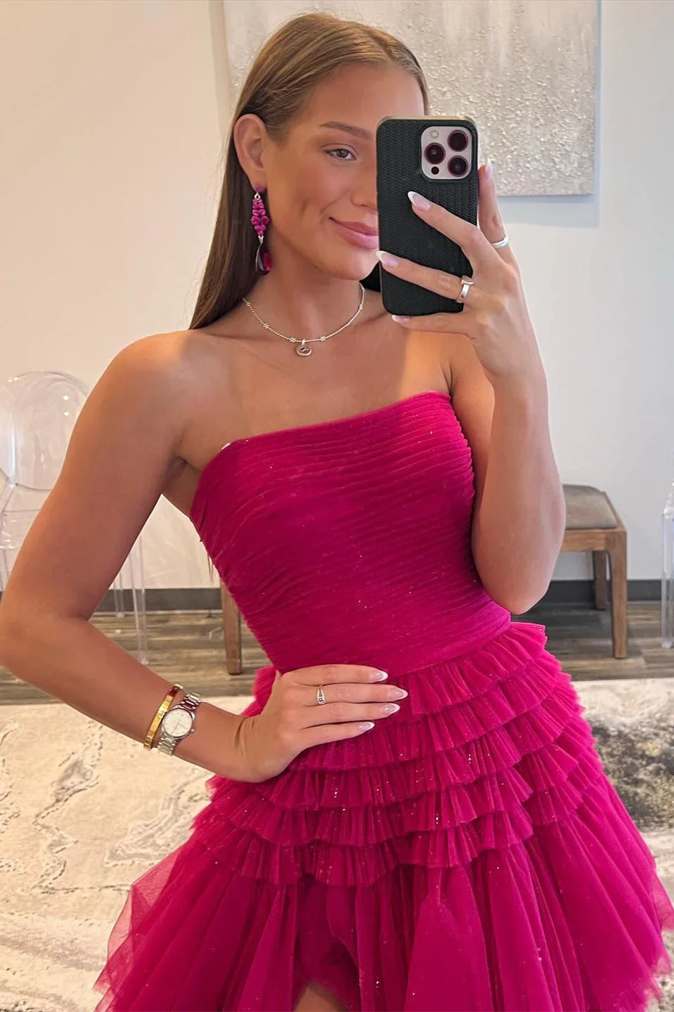 Fuchsia Strapless Tulle Multi-Layers Long Evening Prom Dress
