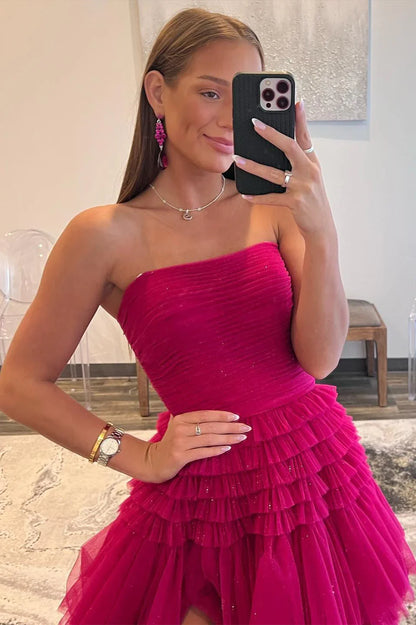 Fuchsia Strapless Tulle Multi-Layers Long Evening Prom Dress