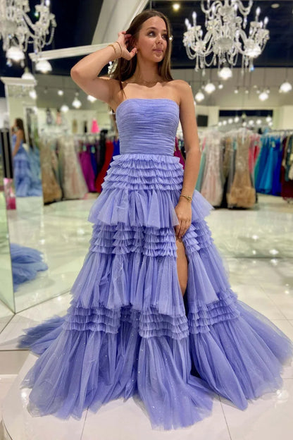 Fuchsia Strapless Tulle Multi-Layers Long Evening Prom Dress