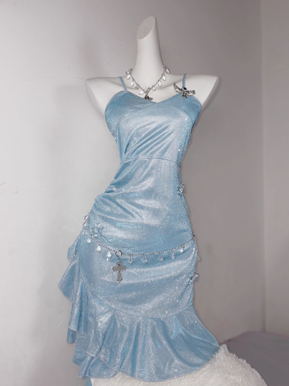 Classy Blue Spaghetti Straps Ruffles Homecoming Dress Short Birthday Dress S606