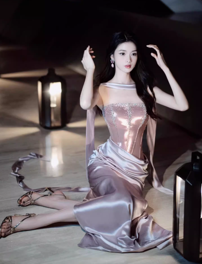 Purple Exquisite Beaded Sheath Strapless Corset Satin Prom Dress Party Dress with Slit SH3759