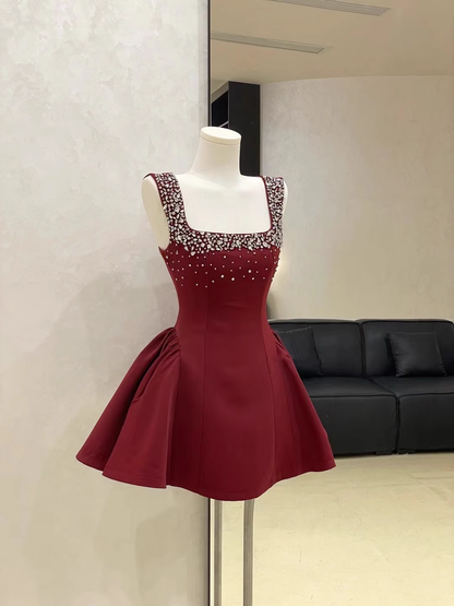 Sexy White Satin Beaded Square Neck A Line Birthday Outfits Vacation Dress S246