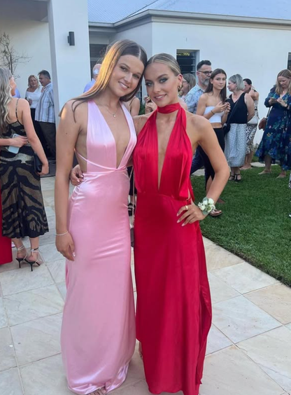 Sexy A Line V Neck Red Satin Open Back Long Prom Dress Evening Dress with Slit SH1793