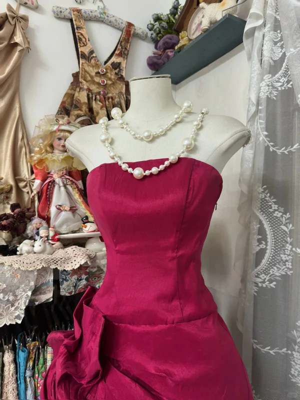 Vintage Strapless Red A-Line Satin Short Graduation Homecoming Dress 20th Birthday Outfits S867