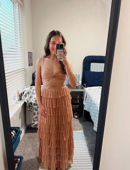 Nude elegant spaghetti strap long tulle tiered ball gown formal evening dress party dress gh2881