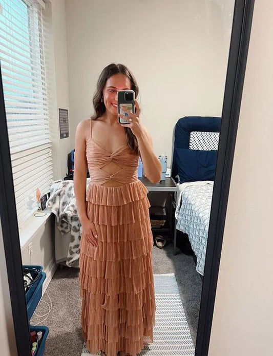 Nude elegant spaghetti strap long tulle tiered ball gown formal evening dress party dress gh2881