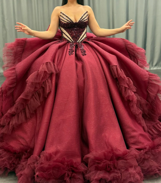 Princess Burgundy Quinceanera Dresses Beaded Appliques Tulle Sweet 16 Party Prom Ball Gown SH3270