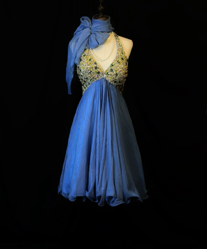 Vintage Blue Halter Beaded A Line Mini Party Dress Homecoming Dress Cocktail Dress S432