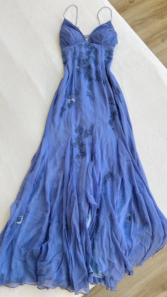 Blue Vintage Elegant V Neck Exquisite Embroidery Applique Beading Long Chiffon prom dress Evening Gown Party Dress gh3408