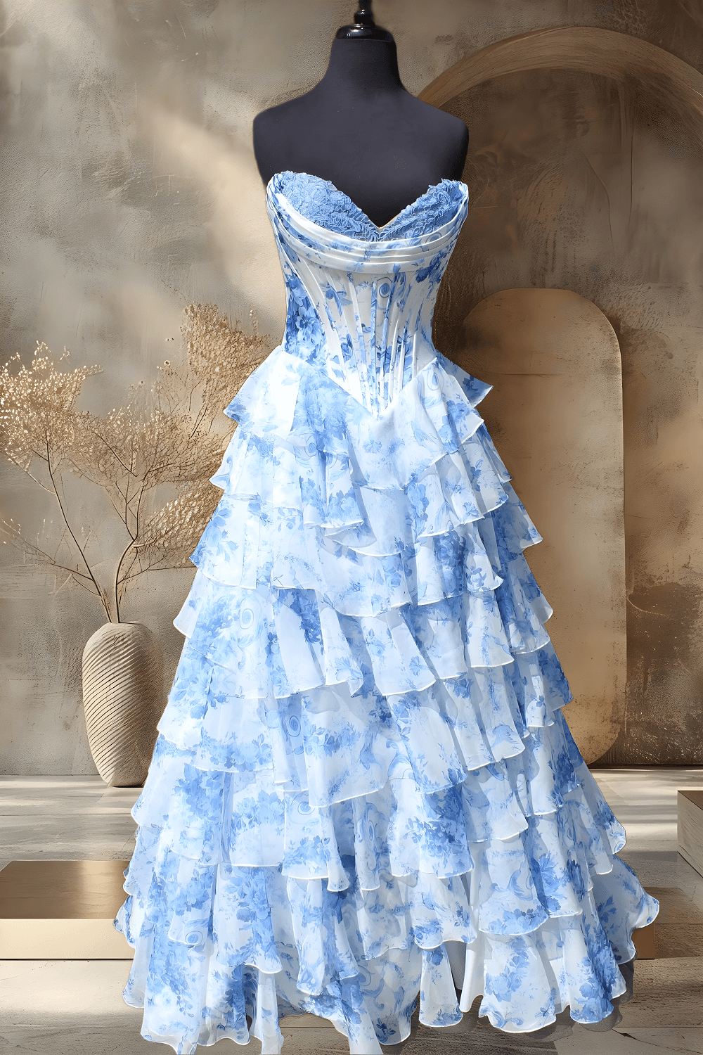 Fancy Floral Print Tiered Long Formal Dress Chiffon Prom Gown with Slit