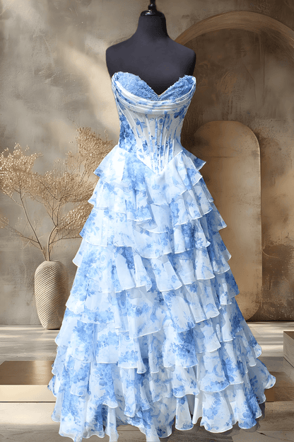 Fancy Floral Print Tiered Long Formal Dress Chiffon Prom Gown with Slit