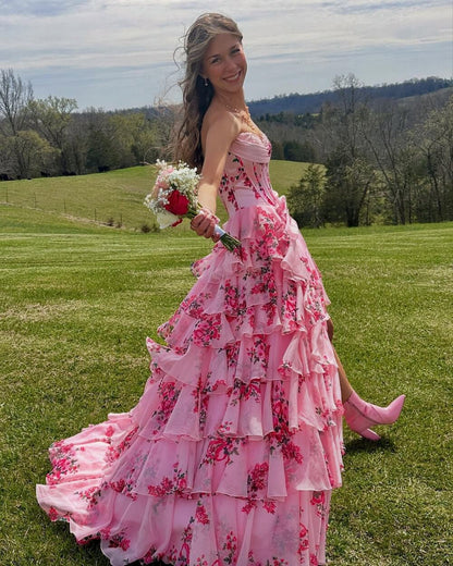 Fancy Floral Print Tiered Long Formal Dress Chiffon Prom Gown with Slit