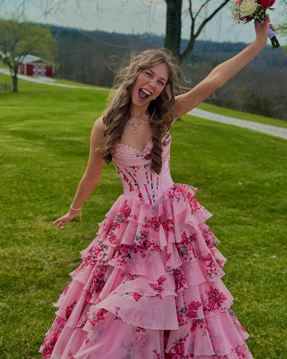 Fancy Floral Print Tiered Long Formal Dress Chiffon Prom Gown with Slit