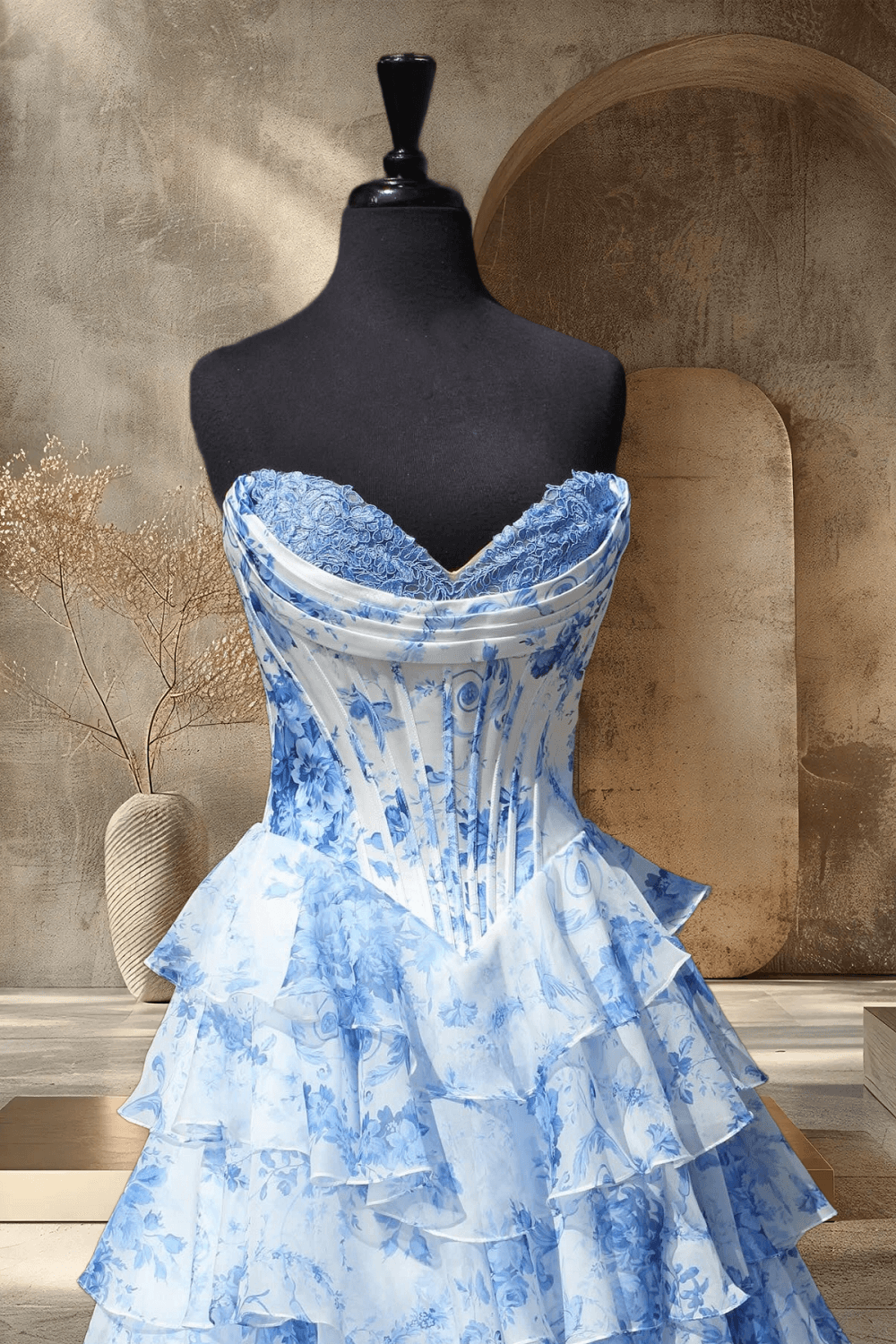 Fancy Floral Print Tiered Long Formal Dress Chiffon Prom Gown with Slit