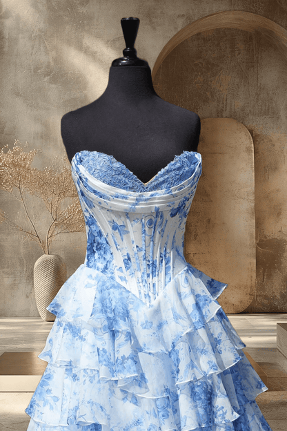 Fancy Floral Print Tiered Long Formal Dress Chiffon Prom Gown with Slit